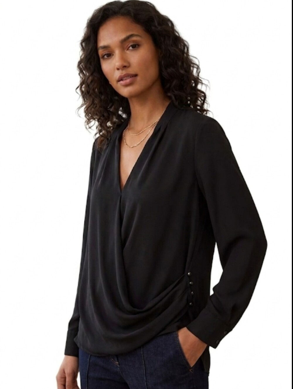 &. Layered Anthropologie Black Draped Faux Wrap V-Neck Blouse Small
